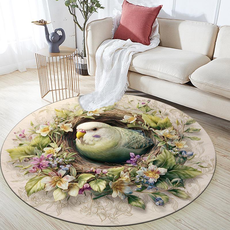 Flower Budgerigar,Round Area Rug,Carpet Rug for Living Room Bedroom Sofa Playroom Decor,Non-slip Floor Mat 80cmx80cm