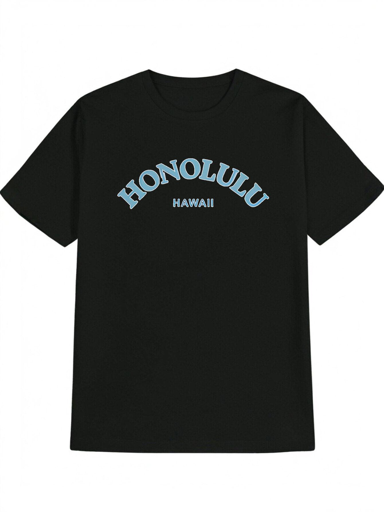 Casual Round Neck T-shirt with HONOLULU HAWAII Print - Black Short Sleeve Summer Tee L