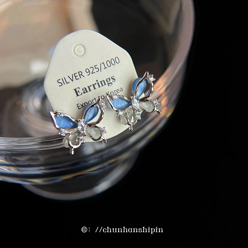 Blue butterfly opal earclips women's spring and summer exquisite high-end earrings sweet girl stud earrings without pierced earrings