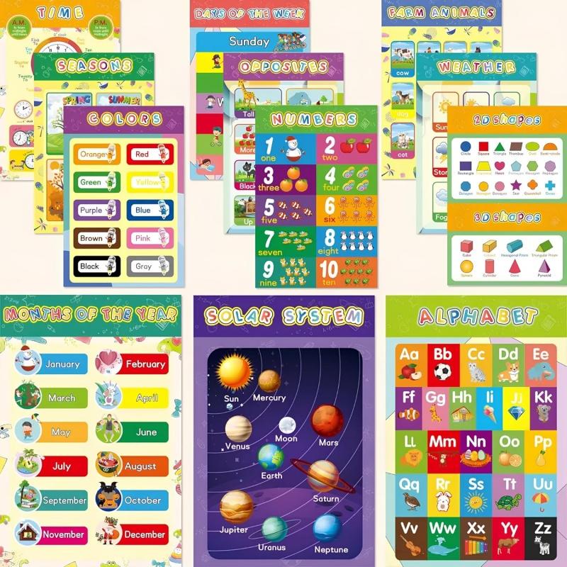 12 Pack Educational Posters Toddlers Kids Preschool Kindergarten Learning Charts for Classroom Home Alphabet Numbers Gift