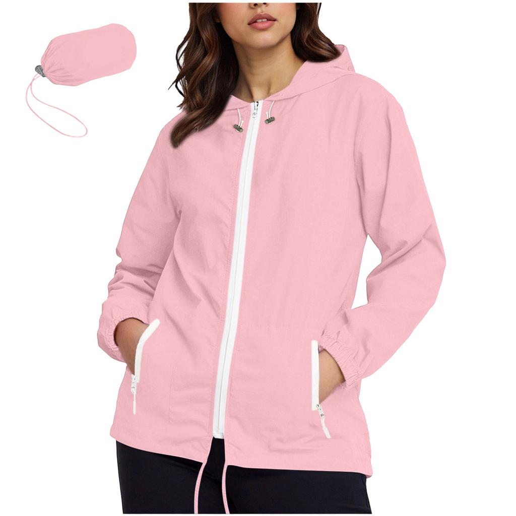 Women's Fashionable Casual Classic Plus Size Lightweight Zipped Long-Sleeved Hooded Jacket Foldable Outerwear With Packable Storage Pouch