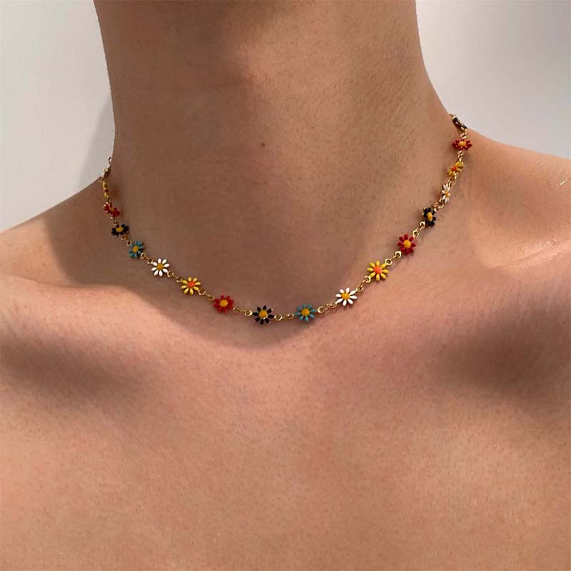 Stainless Steel Colorful Daisy Flower Choker Necklace for Women Fashion Gold Color Clavicle Chain Necklace Jewelry Gift