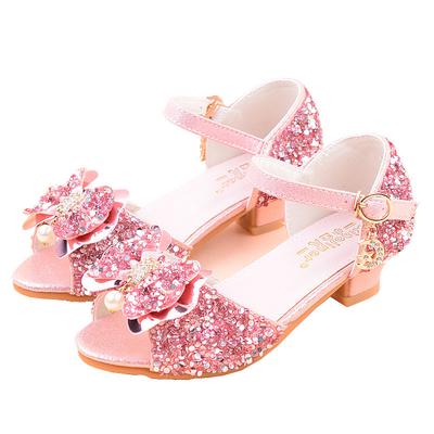 Princess Girls Party Shoes 2024 Summer Kids Sandals Casual Glitter Children High Heel Butterfly Knot Crystal School Student Shoe