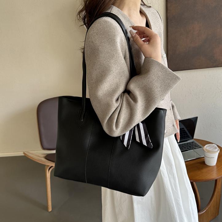 Solid Color PU Leather Large Capacity Tote Bag, Checkered Striped Silk Scarf Decor Long Handle Shoulder Bag For Women Office School Daily Commute