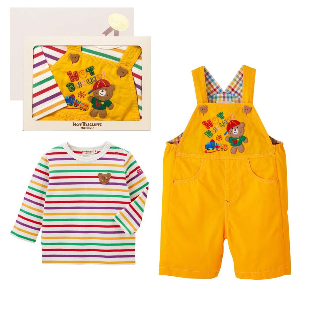 MIKI HOUSE HOT BISCUITS Overalls Gift Set for Boys and Girls, Baby Clothes, Baby Gift, Yellow, Size S (70-80cm), 74-9936-145, Box Included