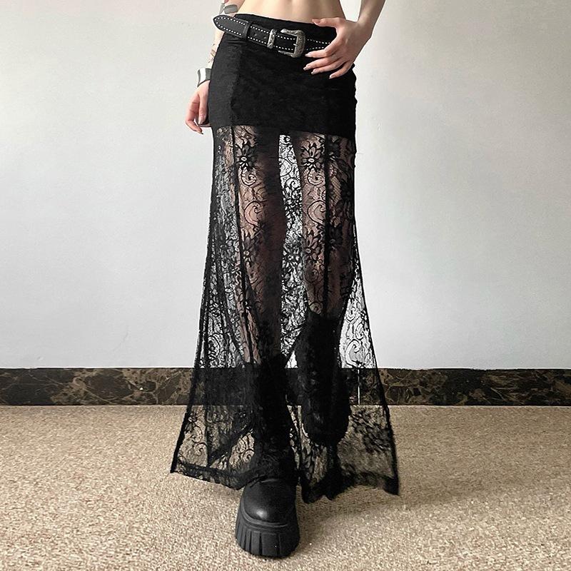 European and American style summer new women's clothing fashion black lace perspective slim and thin floor long skirt skirt
