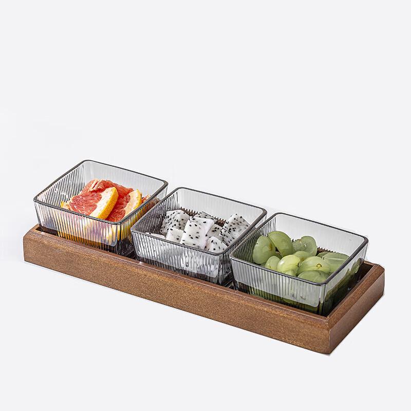 Huihuang Glass Fruit & Candy Dish Set with Wood Tray