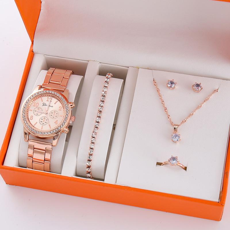 5Pcs/Set Steel Belt Women'S Watch, Fake Three-Eye Women'S Casual Quartz Watch Set (Orange Box)