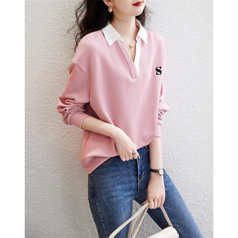 DME Women s Waffle Patchwork Lapel Sweatshirt L