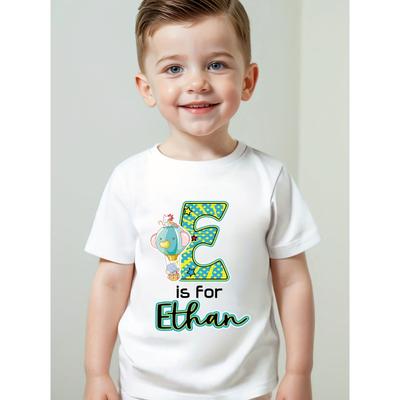 European Sizes Customizable Boys' T-Shirt - Blue & Yellow Polka Dot Cartoon Letter Design, Personalized Name & Lettering