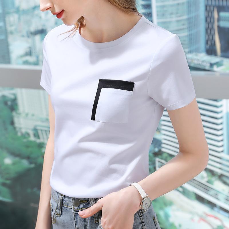 Women's Cotton Stitching Contrast Color T-shirt Spring and Summer New Slim Round Neck Thin Top