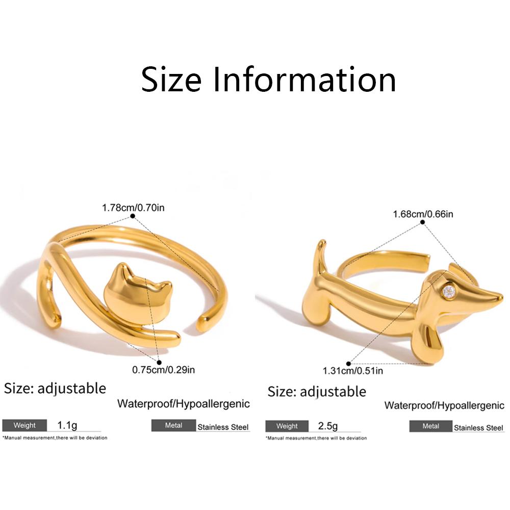 Stainless Steel Dachshund Dog and Cat Rings White Zirconia Inlaid Open Sausage Dog Rings for Women Adjustable Animal Jewelry