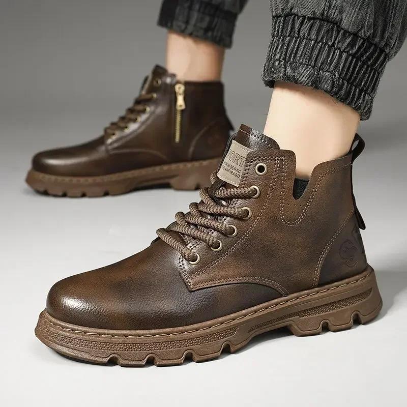 Fashion Ankle Short Barrel Male Shoes Brown Booties Black Men's Boots Y2k Offer In Promotion Retro Cheap Trendy 2025 New Offers Non Slip