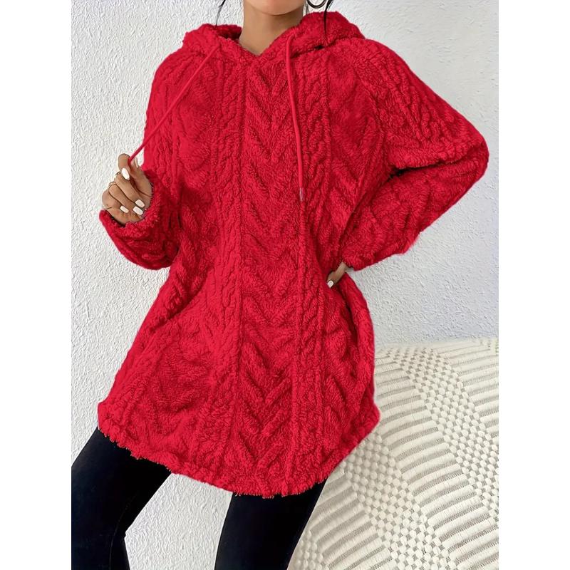 Women's Solid Color Hooded Jacquard Long Sleeve Jacket Slim Drawstring Furry Sweatshirt