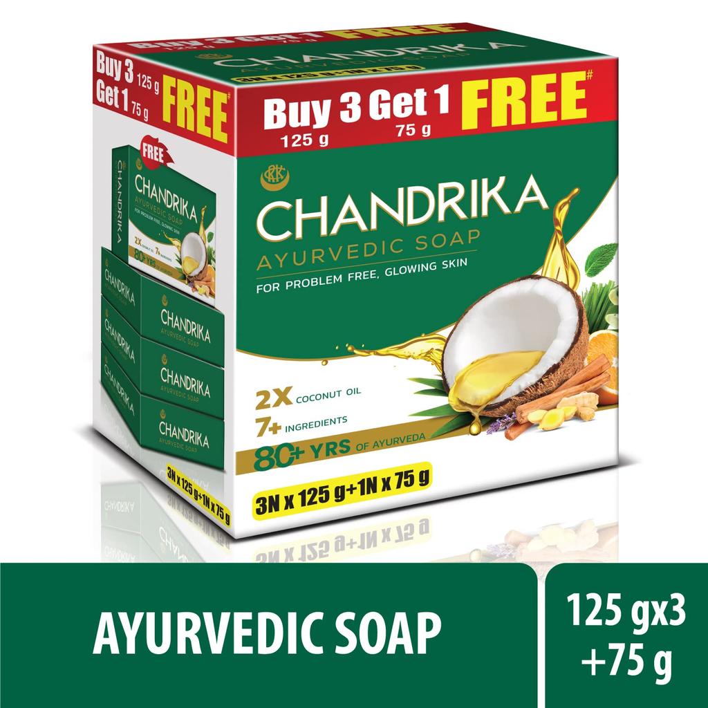 Chandrika Ayurvedic Soap Classic Handmade Bar For Naturally Radiant Healthy Skin 3NX125g + (1NX75g Free)