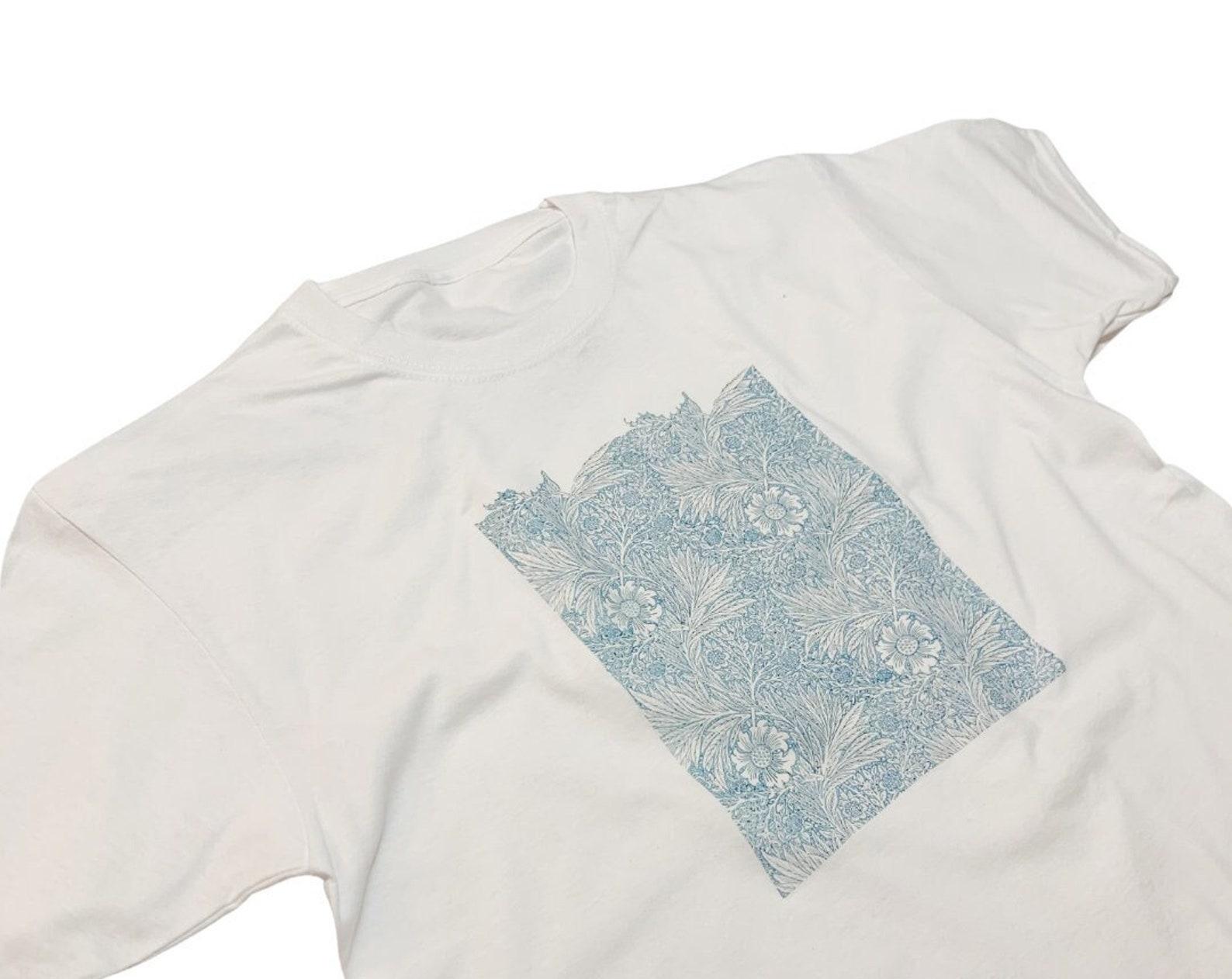 William Morris Blue Marigold T-Shirt, Retro Floral Art Print L