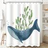 Blue Whale Shower Curtain Bath Rug Decorative Waterproof Print Fabric for Bathroom White Background with Green Seaweed Sea Stars