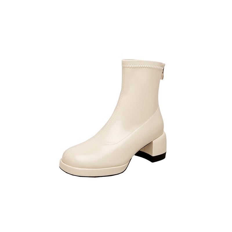 Wodoodporne stołowe buty na wysokim obcasie krótkie damskie jesienno-zimowe cienkie buty na grubym obcasie zapinane na zamek elastyczne beżowe buty typu Martin