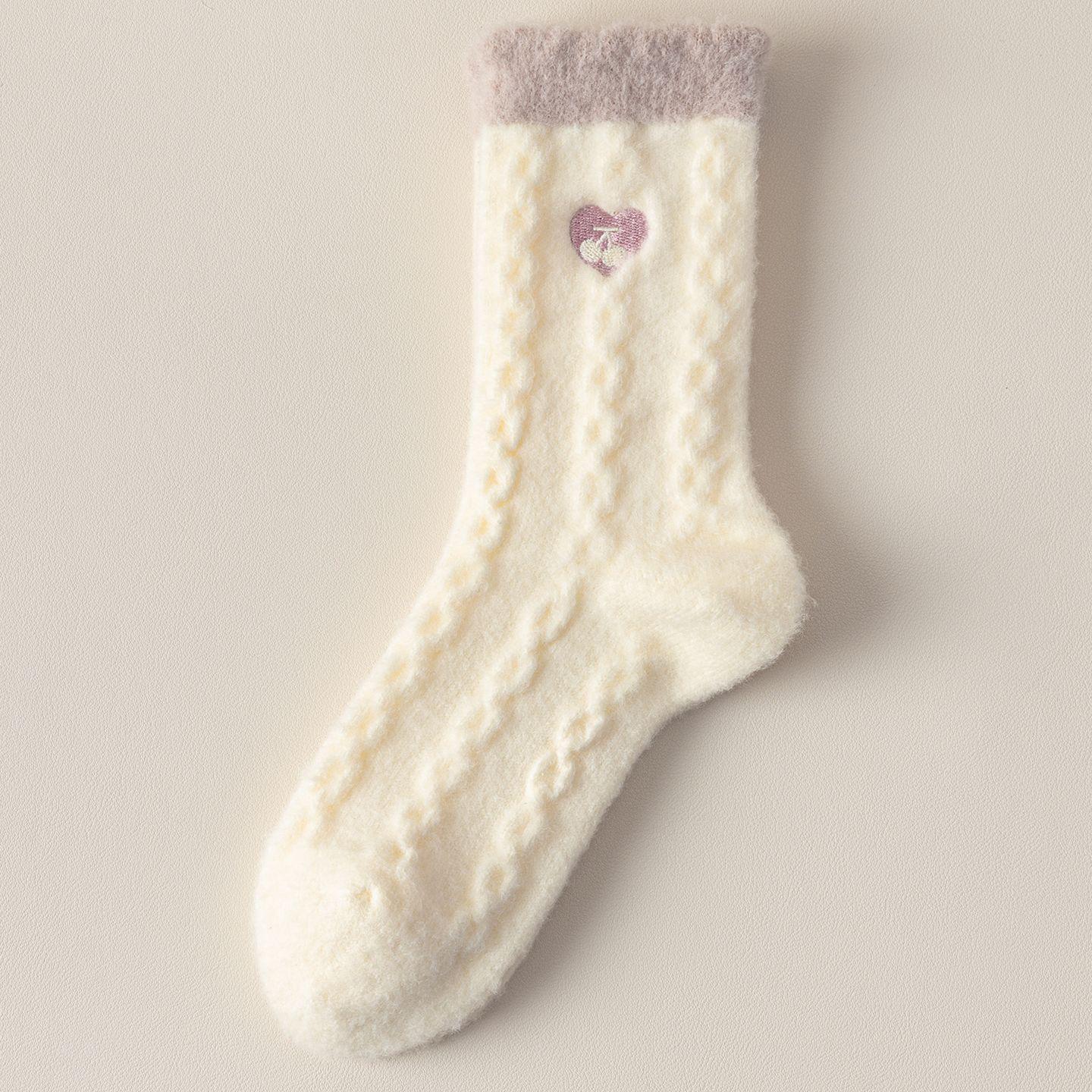 

Korean Style Women s Mid-Calf Lace Color Block Wool Socks with Heart Embroidery - Fleece-Lined for Extra Warmth One Size