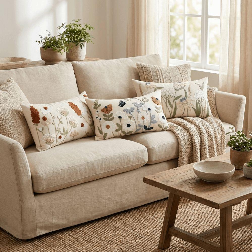 Pastoral Floral Embroidered Cushion Cover Canvas Square Decorative Pillow Case Spring Theme Wear Resistant