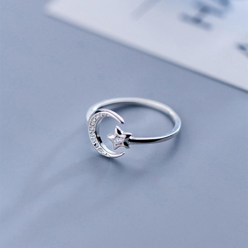 New Korean Zircon Star Moon Tassel Rings For Women Copper Color Minimalist Leaves Feather Adjustable Finger Ring Jewelry