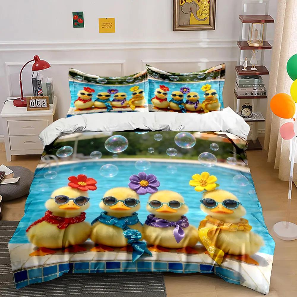 Poolside Duck Figurine Set Soft Comfortable Duvet Cover Bedding Set Included 1*Duvet Cover & 2*Pillowcases Gift