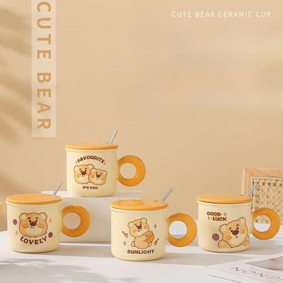 Milk Fufu Mug with Lid Spoon  Cute Cartoon Bear  Ceramic Cup  Girls' Office Coffee Milk Cup