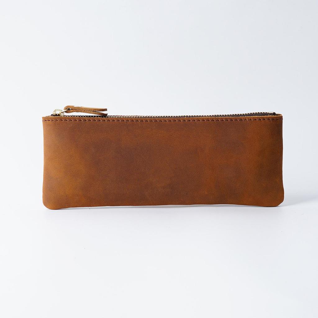 Unisex Genuine Leather Zipper Pencil Case - Handmade Retro Cowhide Stationery Box