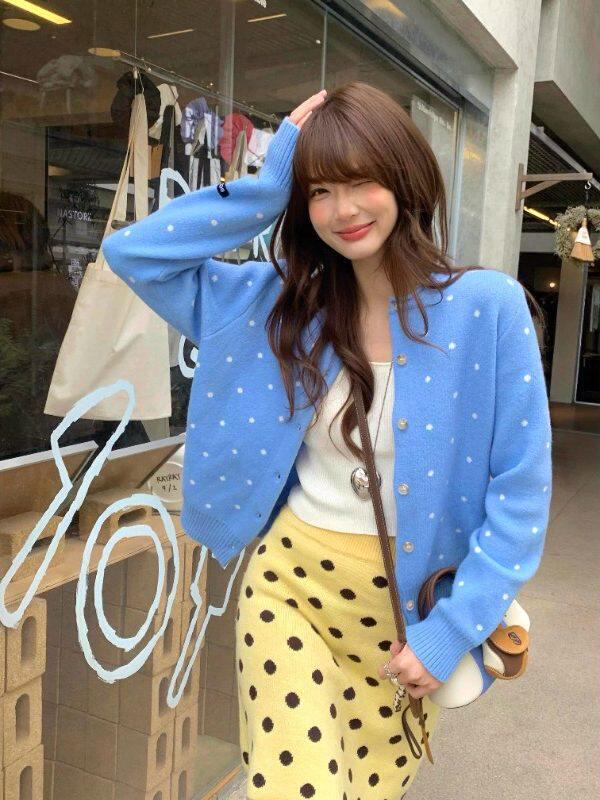 Women's Korean Polka Dot Knit Cardigan - Blue, Spring/Autumn