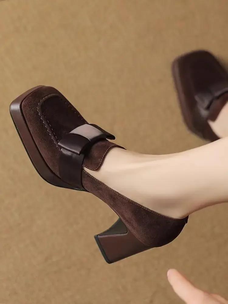 Women High 2025 New Heels Fashion Bow Dress Loafers Female Platform Heels Leather Shoes Mary Jane Retro  Women Shoes Solid Color