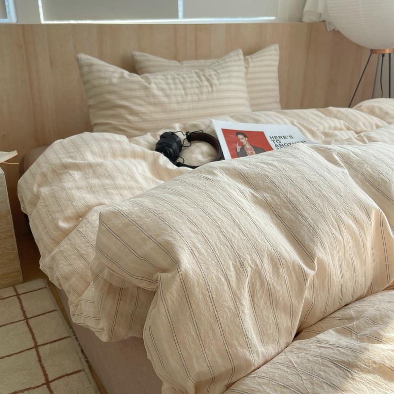 Ins Nordic Bedding Set Striped Pure Cotton Duvet Cover Set Skin-Friendly Single Twin Full Queen Size Flat & Fitted Sheets Set