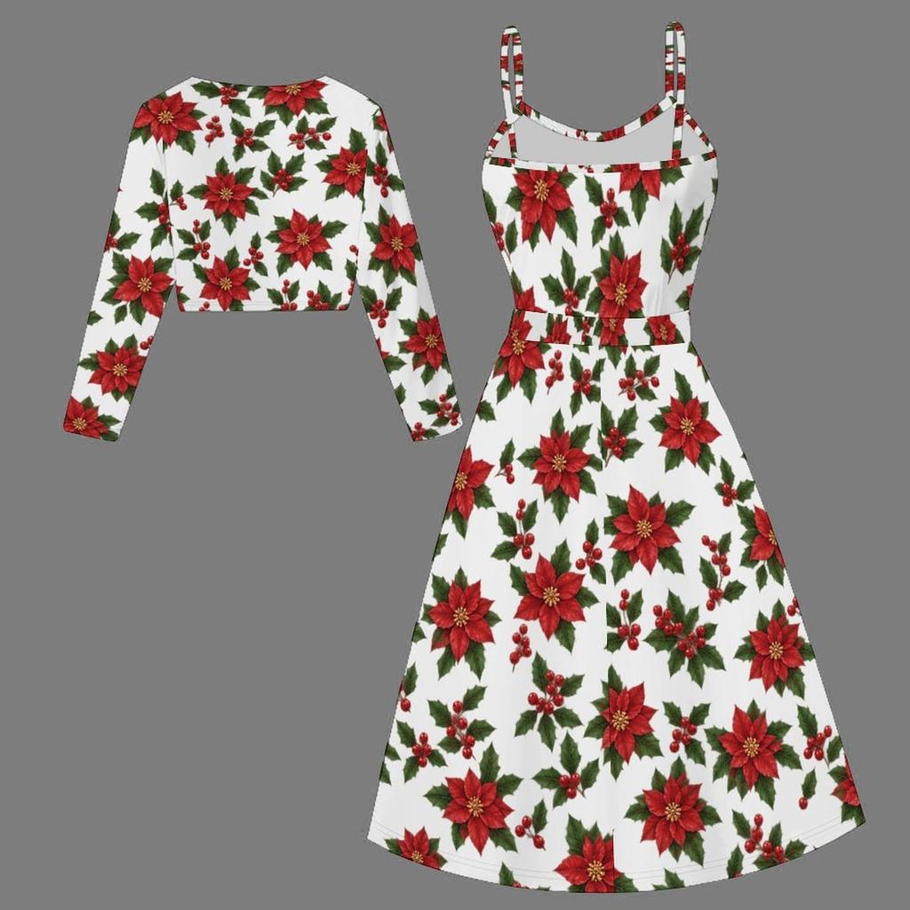 Women Plus Size Two Piece Set Long Sleeve Cropped Shrug Strappy Tie Waist Christmas Bear Printed White Dress