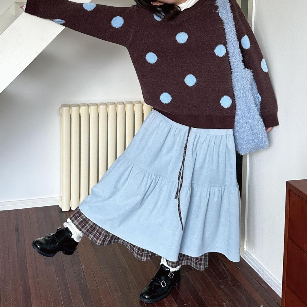Japanese Retro Brown Plaid Double-Layer Cake Skirt for Women - Autumn/Winter Fake Two-Piece Design 
