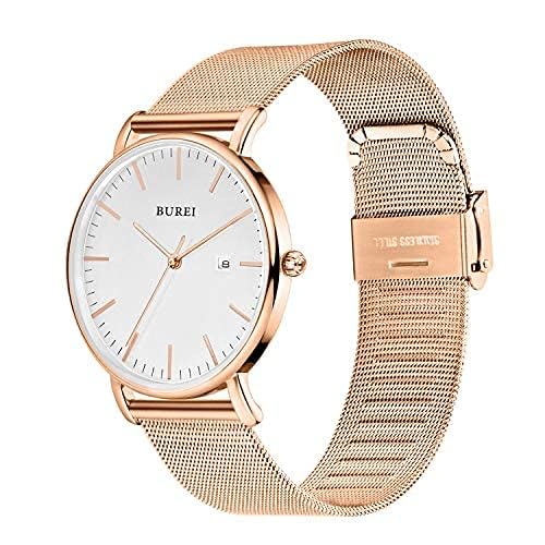 BUREI Men's Watch, Simple, Waterproof, Analog, Business, Milanese Style, Mesh Strap, Stylish, Popular, Date Display, Rose Gold, Brand Name, Imported