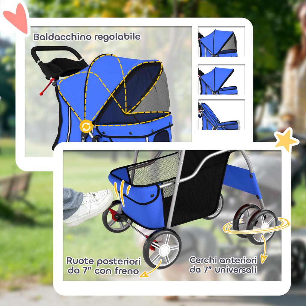 Dog Pram, Pet Stroller with Reflective Strips, Foldable Cat Stroller with 360 Degrees Swivel Wheels, Blue
