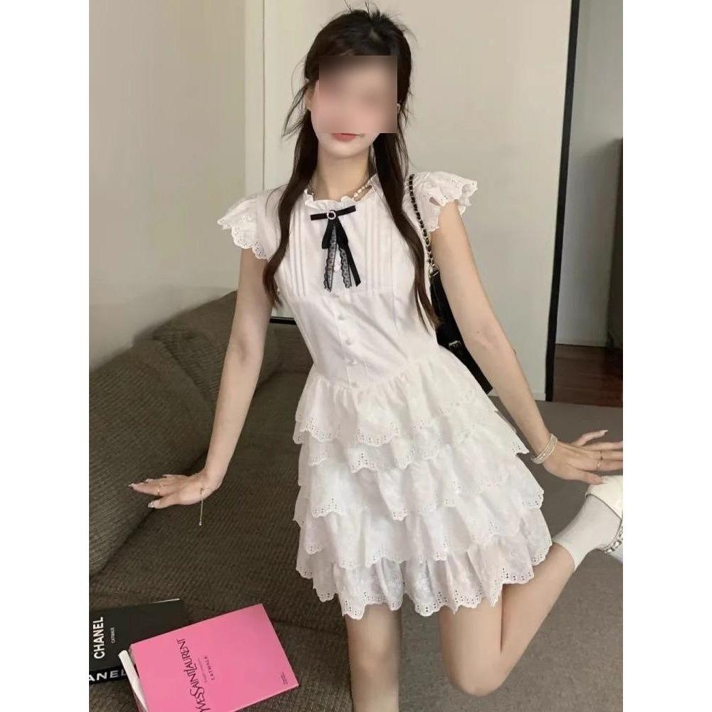 Small People Slim and Sweet White Puffy Short Skirts Bow Small Flying Sleeves Cake Dress Women Summer