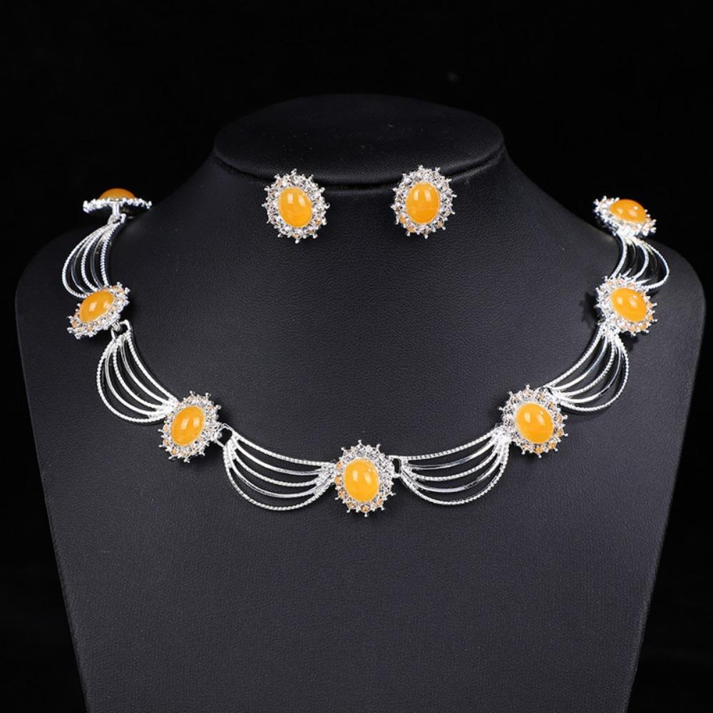 Gold-Tone Gemstone Necklace Set Geometric Statement Jewelry Set Earring Matching Set  Women