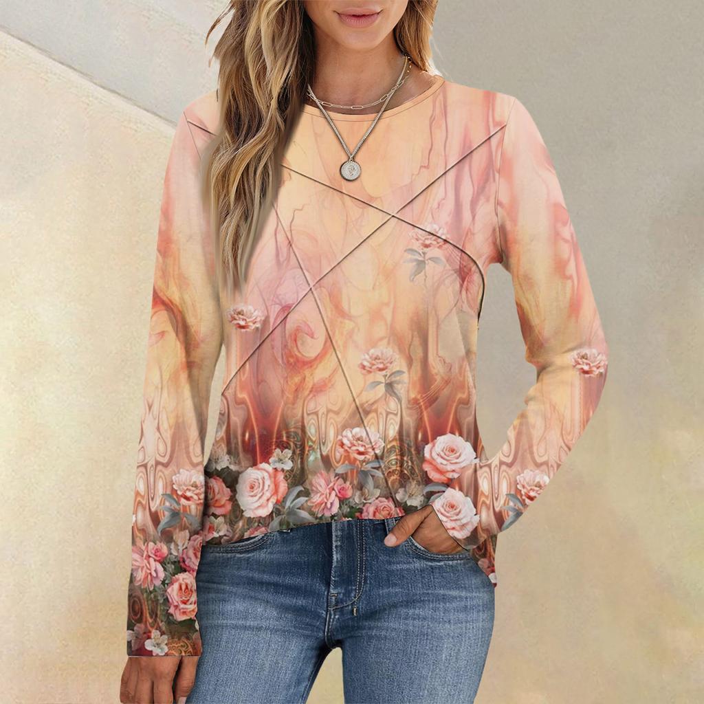 Damenmode Langarm Rundhals Lässiges Plissee Floral bedrucktes Lockeres Oberteil
