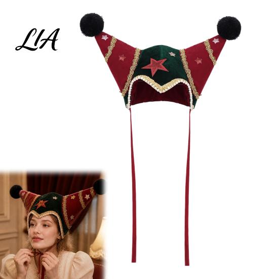 Holiday Photo Booth Decorations Christmas Jester Hat, Velvet Star Clown Hat with Gold Trim Pom Retro Style Performance Headpiece Poms, Adjustable Tie,