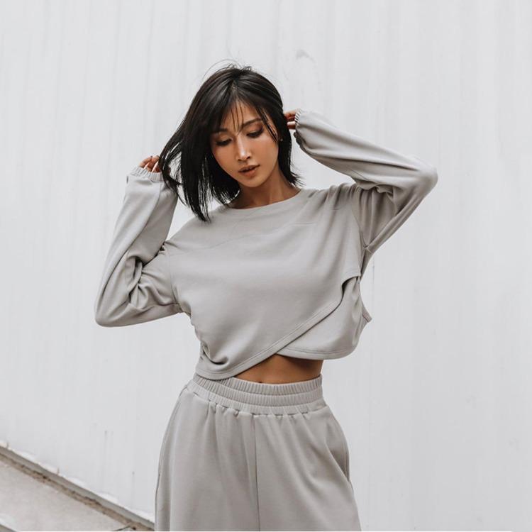 Women Autumn Winter Loose Hoodies Suit Long Sleeve O Neck Top with Wide Leg Pants Solid Color
