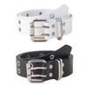 Punk Style Women Men Black Faux Leather Belt With Metal Chain Decor Double Row Buckle Casual Jeans Accessory