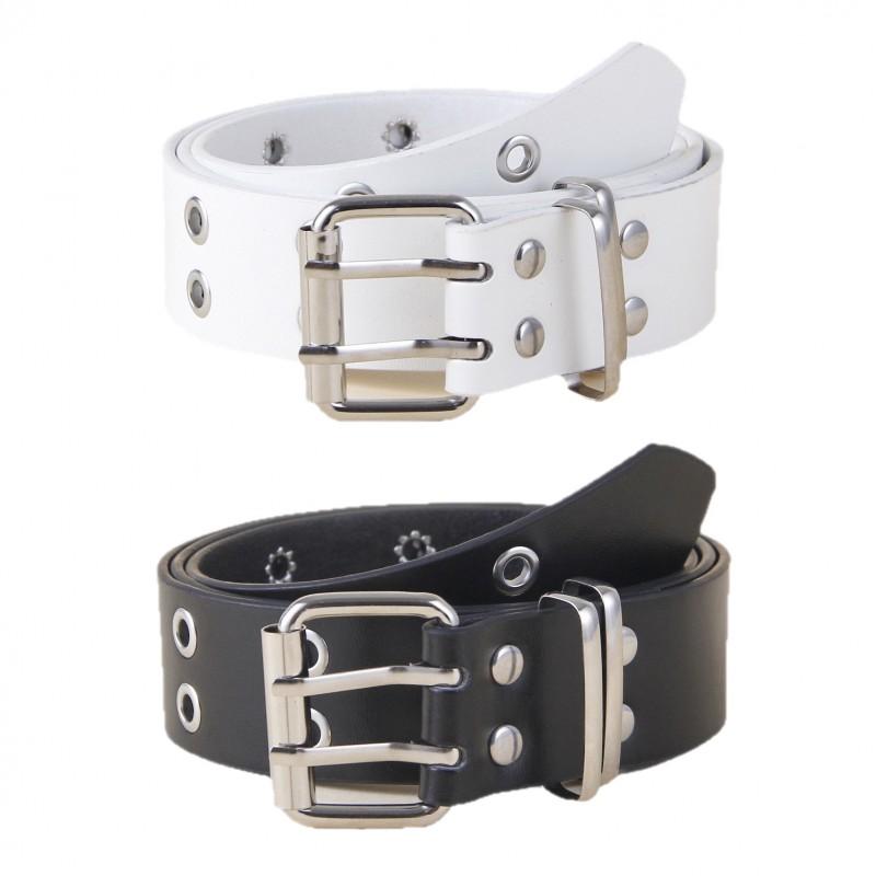 Punk Style Women Men Black Faux Leather Belt With Metal Chain Decor Double Row Buckle Casual Jeans Accessory