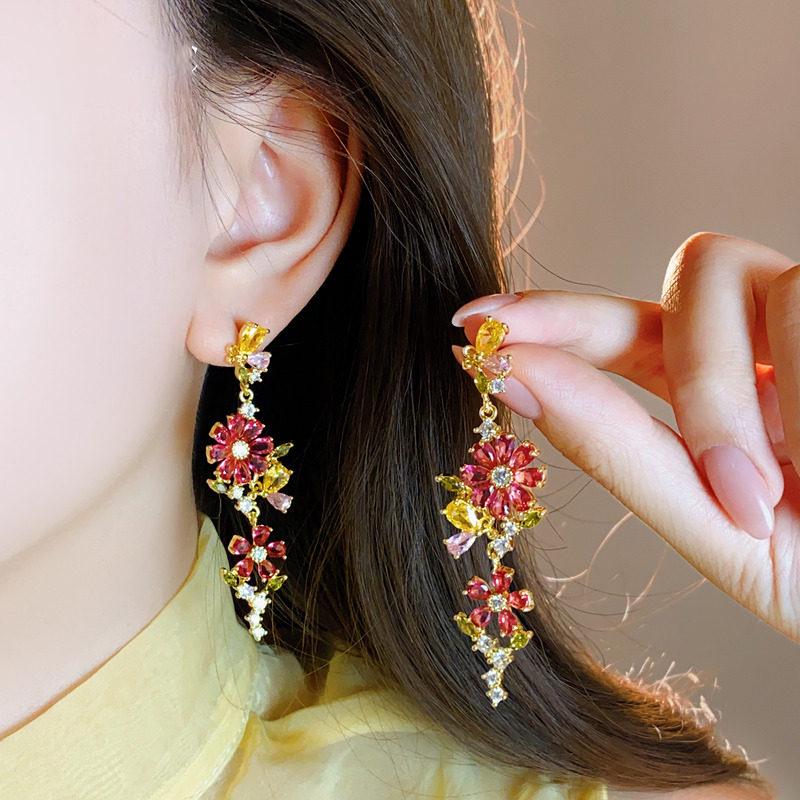 18k Gold Plated Silver Flower Earrings with Zirconia, High-End Elegant Design for Women