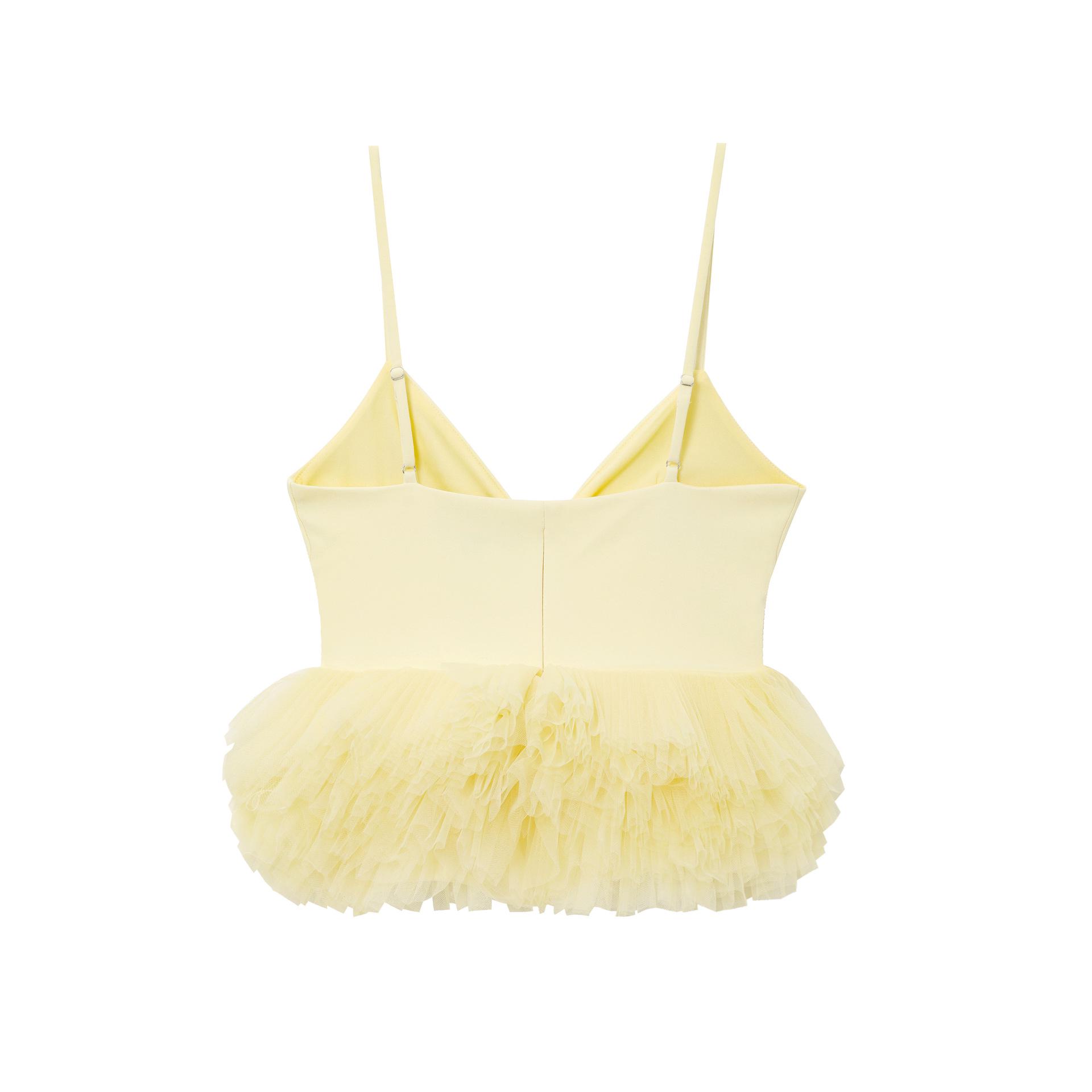 

Летний европейско-американский топ-майка на бретелях-спагетти из шелковой сетки – Женский короткий топ с пышным подолом S жёлтый