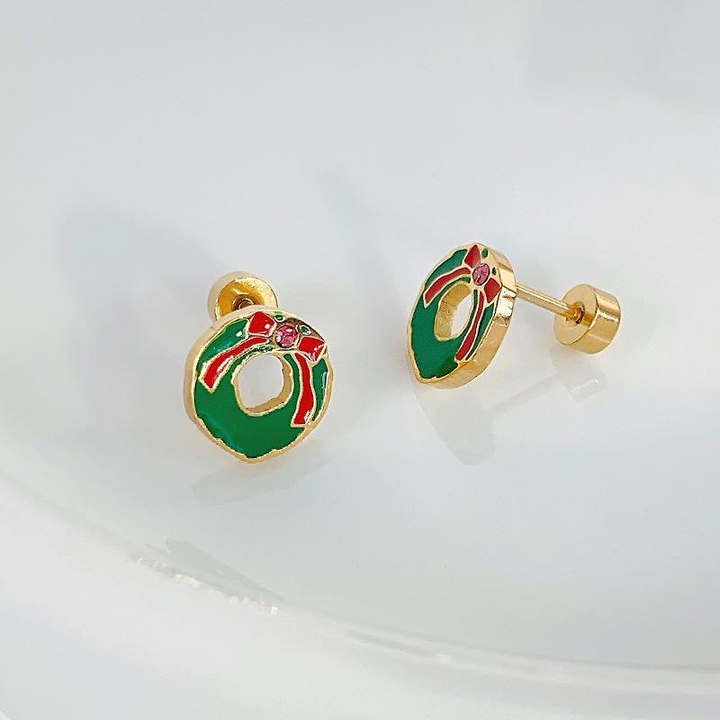Elegant Green Bow Wreath Spiral Stud Earrings - Compact and Unique Christmas Collection
