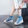 Pantofi cu pană din pânză high top pentru femei Pantofi cu șireturi din denim până la gleznă pentru femei Pantofi din pânză pentru gleznă pentru doamne Adidași cu toc de 8cm pentru femei