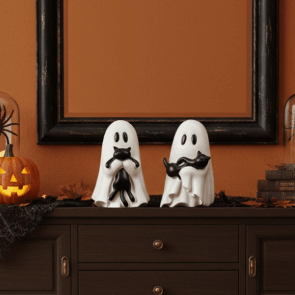 Cute Style Spooky Ghost Statue Smooth Surface Halloween Table Decor Ghost Cat Ornament Office Desk