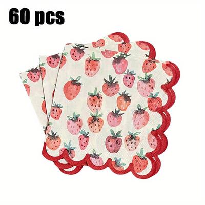 1 Set/60 Stück Rotes Cocktail-Serviettengewebe mit Erdbeer-Print und Besatz | Ideal für Barpartys, Geburtstage und besondere Anlässe