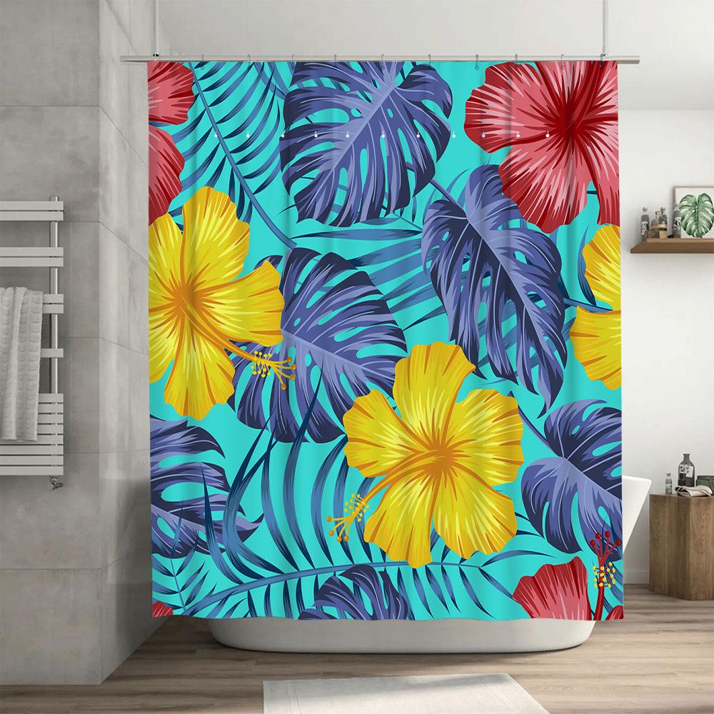 Colorful Floral Shower Curtain Waterproof Bath Decorative Fabric Print Bathroom Accessories For Home Decoration Yellow Red Hibis