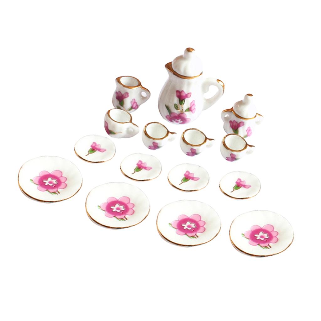 1/12 Dollhouse Miniature Dining Ware Porcelain Tea Set Dish Cup Plate Pot 15Pcs White+Pink/Green